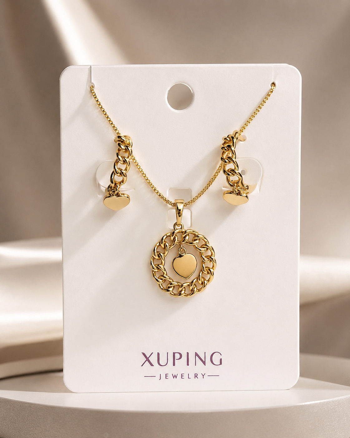 ست گردنبند و گوشواره قلب XUPING | طرح زنجیری طلایی