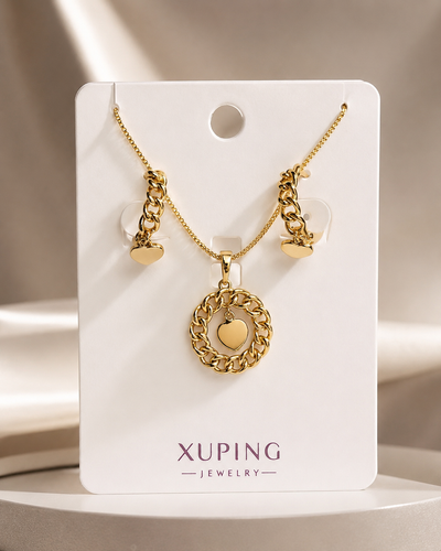 ست گردنبند و گوشواره قلب XUPING | طرح زنجیری طلایی